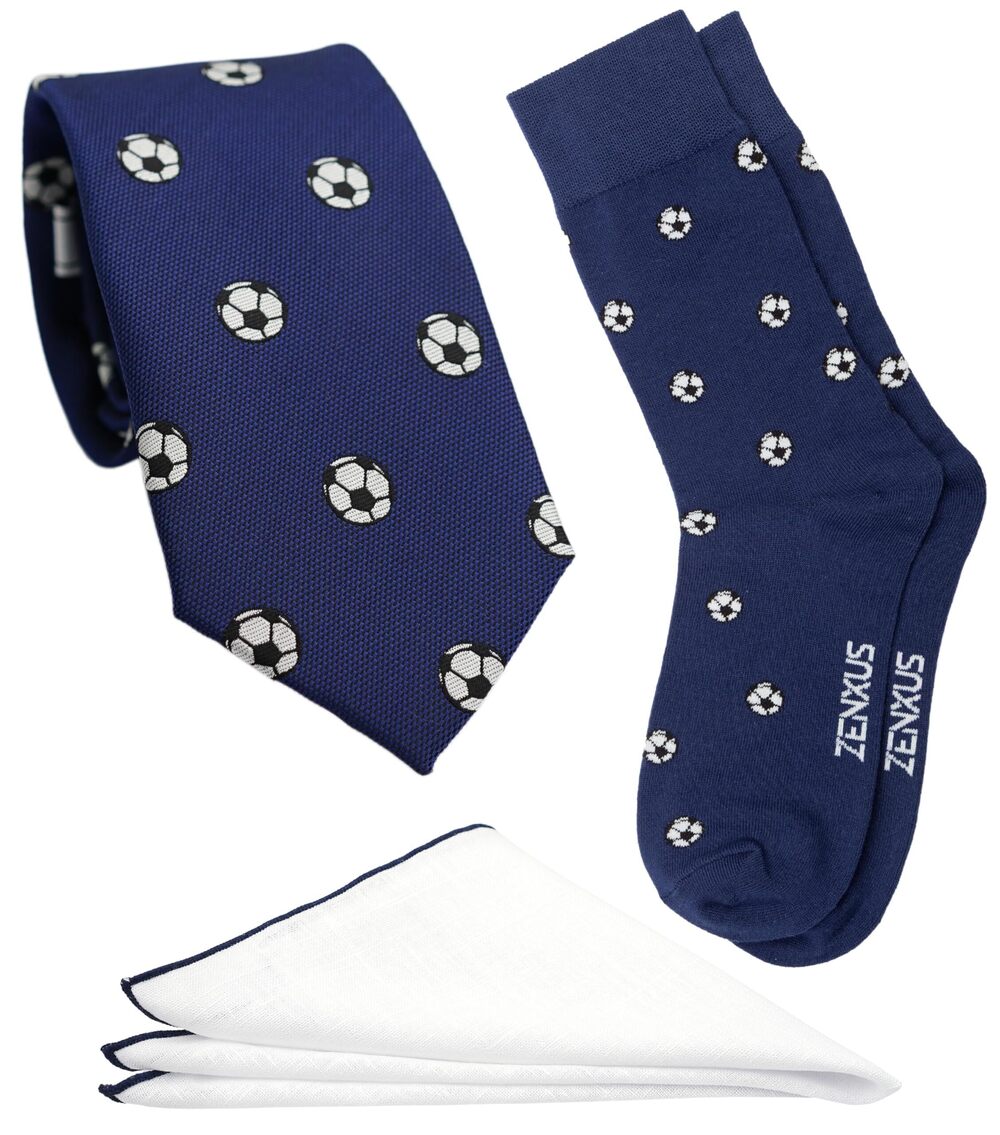 8861 Soccer Tie Set , Pocket Square, Socks, Designer Football Navy Necktie
